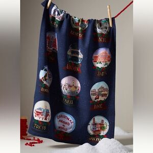 NWT ANTHROPOLOGIE Travel Snow Globes Dish Towel Blue